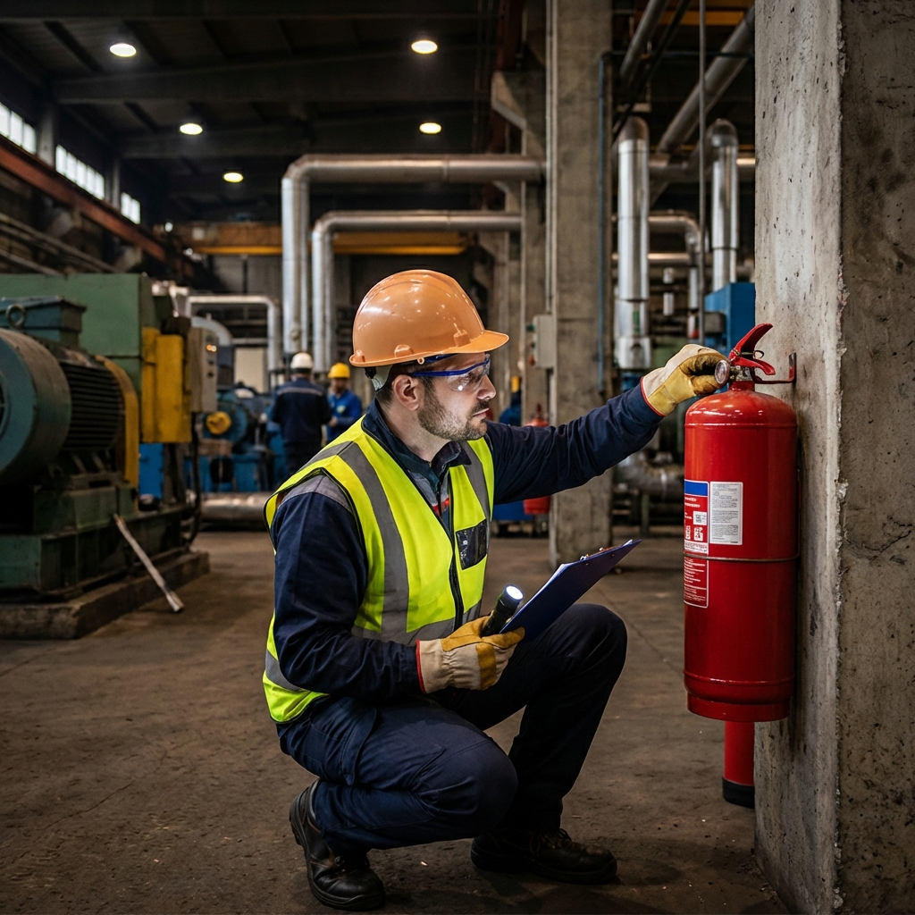 Técnico de seguridad inspeccionando extintor